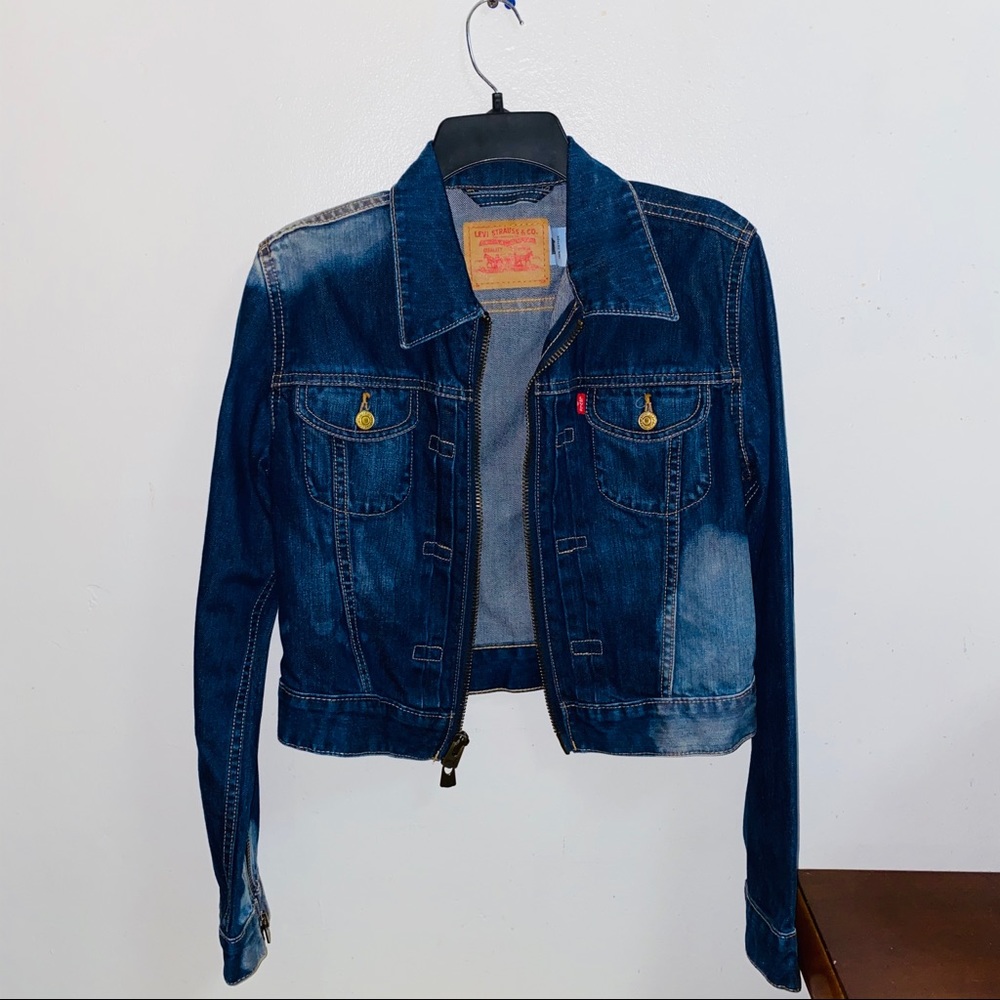 NEW LEVI’S crop dark wash denim jean jacket zip up